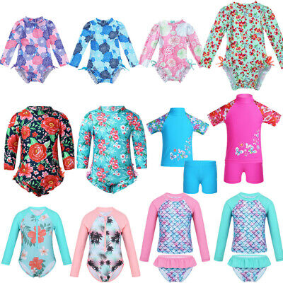 Girls Baby Kids Long Sleeve Swimsuit Rash Guard Swimwear Printed Swim Costume