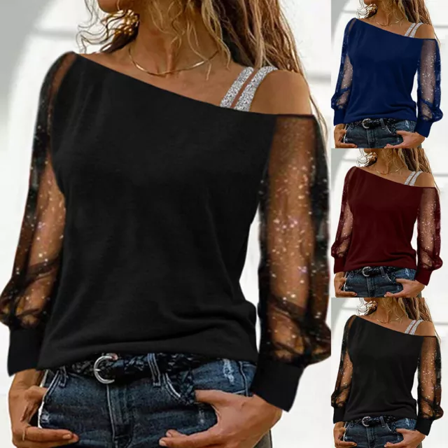 Womens Long Sleeve Off Shoulder Pullover Sexy Club Solid Mesh Blouse Tunic Tops