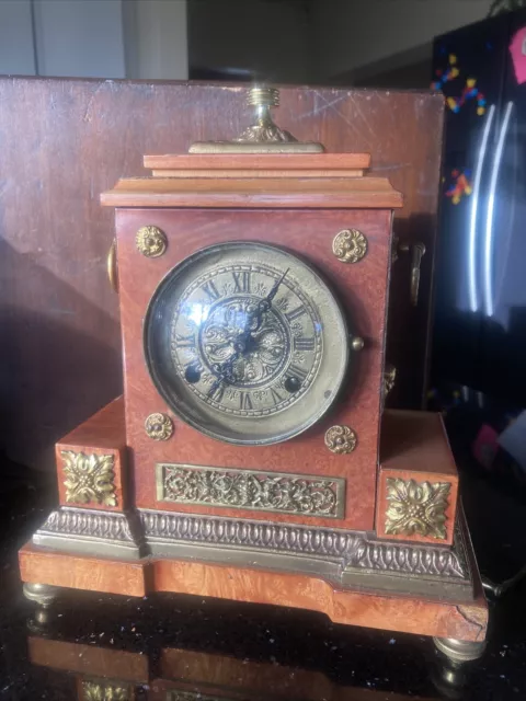 Antique Vintage Mantel Fancy Walnut And Brass Clock With Bell