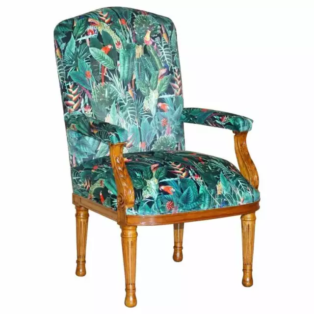 Lovely Vintage English Carver Walnut Armchair With Birds Of Paradise Upholstery