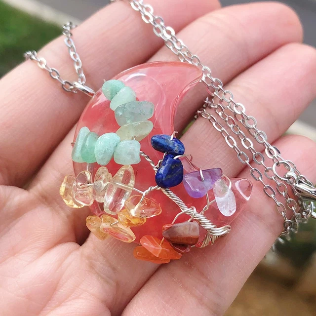 Cheery Quartz Gem Stone Tree Of Life Moon Necklace Chakra Reiki Healing Amulet