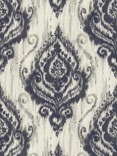 Wallpaper Traditional Ikat Navy Blue and Gray Glitter Damask & , 56 sq ft bolt
