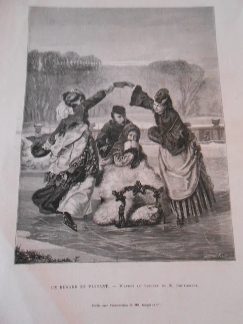 Gravure 1873 - Patinage Un regard en passant d'après Boutibonne