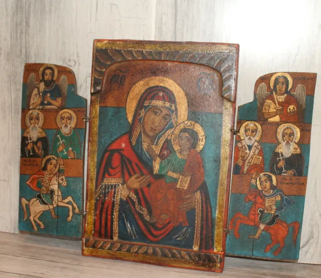 La Virgen María Jesucristo niño De colección ortodoxo pintado a mano icono tríptico