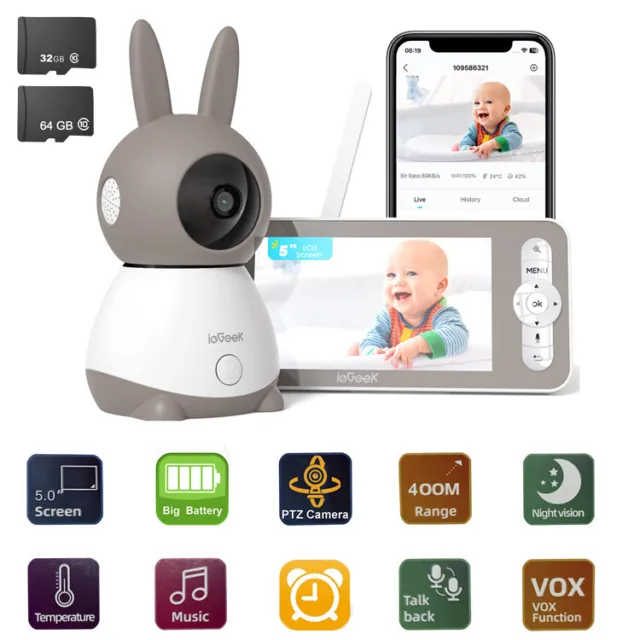5" Wifi Video Baby Monitor Security Camera Night Vision Temperature Monitoring