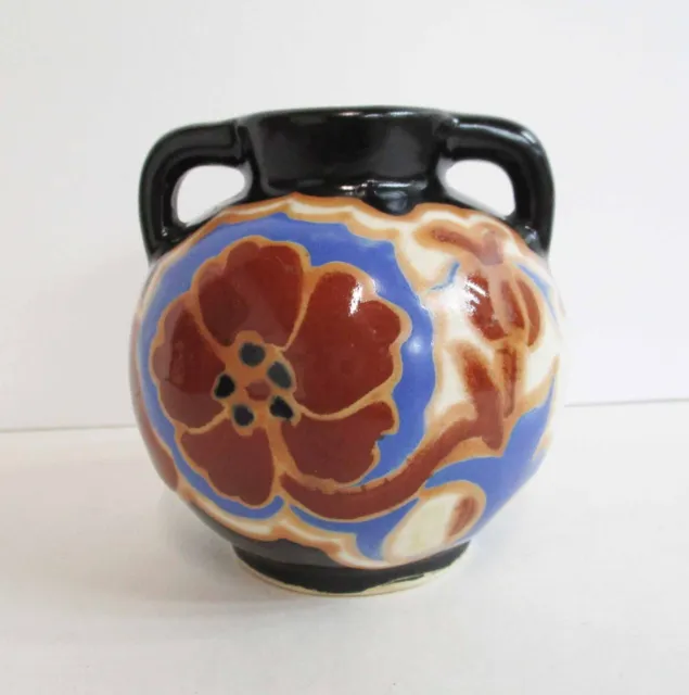 Art Deco Made in Japan Gouda Style Handled Vase with Floral Design Import 1940s