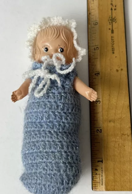 Vintage Celluloid Googly Eye 1920’s Party Favor Doll Japan 6” Crocheted Bunting 3