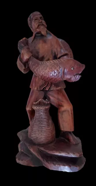 Vintage Hand Carved Teak Wooden Asian Fisherman Figurine Statue - Glass Eyes