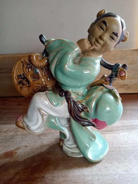 Wonderful Chinese Mudman (Lady) figurine. Carrying yoke with lucky coin and larg