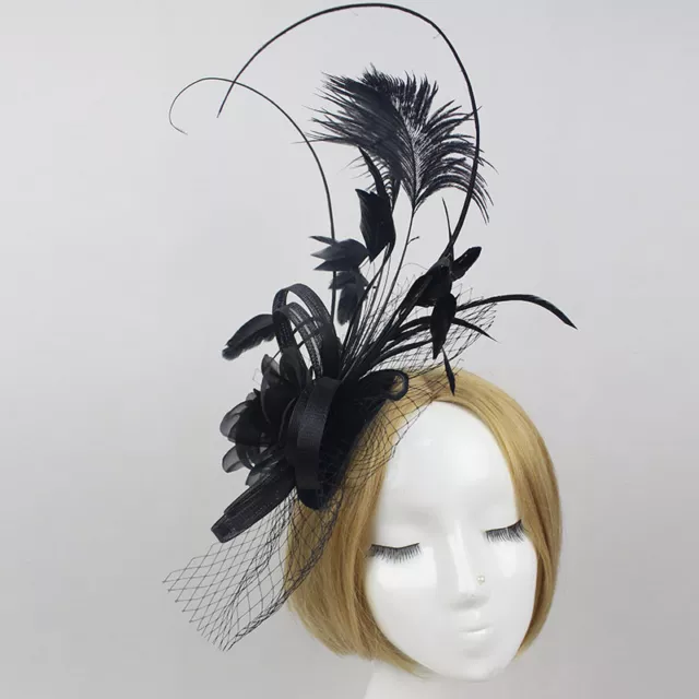 Stunning Black Felt & Sinamay Fascinator With Long Feathers, Netting & Flower