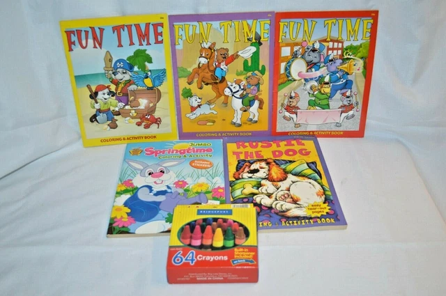 5 libros para colorear y actividades + 64 lápices pegatinas para niños conejito de primavera perro rústico