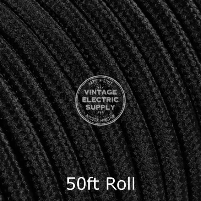 Black Round Cloth Covered Electrical Wire - Braided Rayon Fabric Wire - 50ft