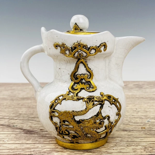 6" China antique the tang dynasty Ru Kiln gild Dragon patterned kettle