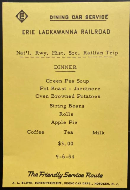 1964 ERIE LACKAWANNA RAILROAD vintage dinner menu DINING CAR SERVICE Hoboken, NJ 1964 ERIE LACKAWANNA RAILROAD vintage dinner menu DINING CAR SERVICE Hoboken, NJ