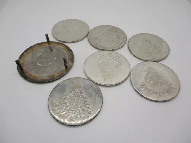 Vintage Silverplate Coaster Set with Holder Christmas Tree Design