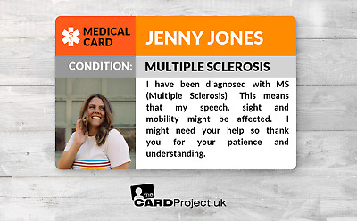 Tarjeta de identificación con foto médica de concienciación sobre esclerosis múltiple (MS)