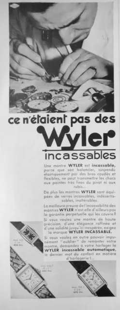 Publicité 1933 Montres Wyler Incassables Balancier Suspendu Avec Bras Flexibles