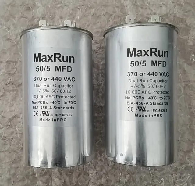 2 MAXRUN 50+5 MFD Uf 370 or 440 Volt VAC  Dual Run Capacitor for Air Conditioner