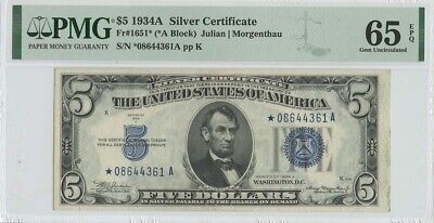 1934A $5 Silver Certificate Blue Seal FR#1651* PMG 65 EPQ Star Note