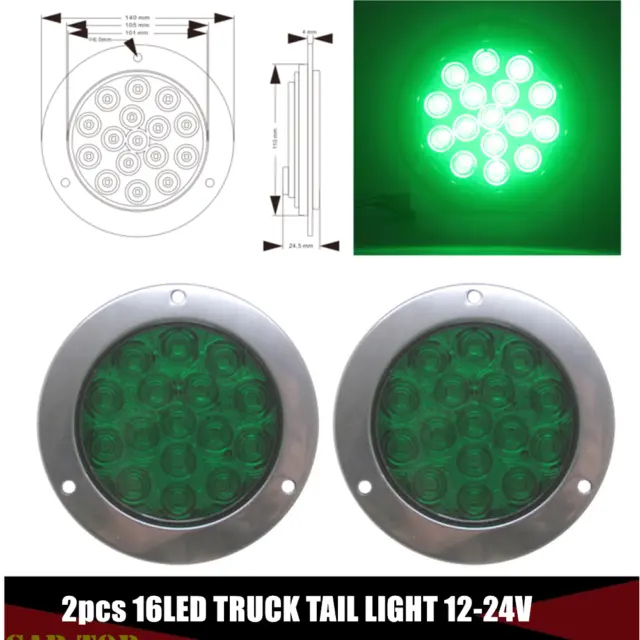 2X 4" Green 16LED Round Reverse Brake Turn Signal Rear Truck Tailer Light 12-24V