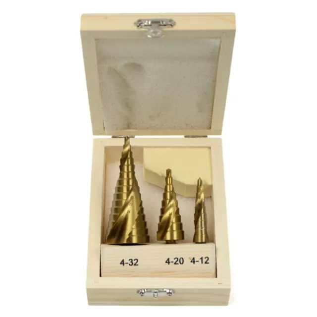 3pc Metric Hex Shank Spiral Grooved Titanium Coated HSS Step Drill Bit Set 4-32m
