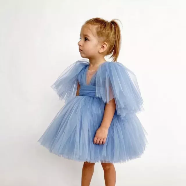 Infant Toddler Baby Girls Dress Blue Ruffles Sleeve Princess Gown Boho Clothes