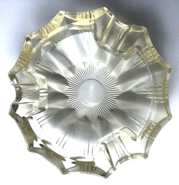 Vintage Retro Glass Ashtray Facetted Yellow Tint 3 Rest Heavy Pressed 1950/60s