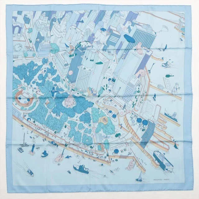 Hermes Carre 90 silk 100% scarf THE BATTERY NEW YORK blue color Ladies used