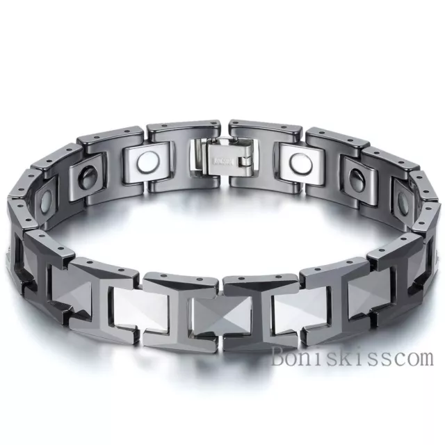 12mm Tungsten Carbide Energy Magnetic Hematite Men's Bracelet Black 8.3 Inch