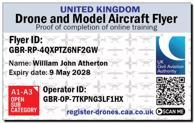 Tarjeta de identificación CAA Drone Flyer - identificación de operador - envío rápido del Reino Unido 2