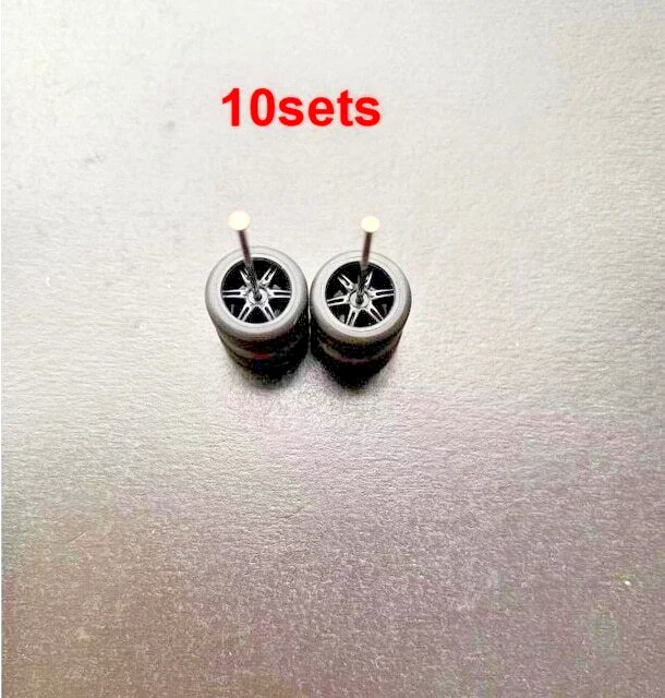 Hot Wheels 10 Sets NEW! Black TE37 6 Spoke Rims & Real Rider Rubber Tires 1/64