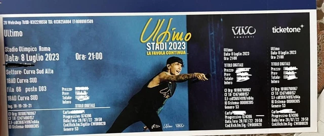 3 Biglietti Concerto Ultimo 7 Luglio 2023 Roma Stadio Olimpico Curva sud alta 