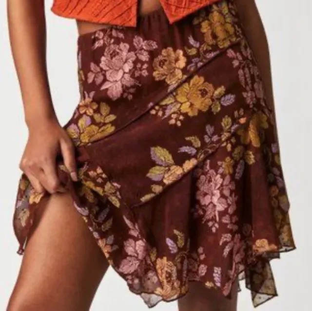 NWT SALE! Free People Milly Asymmetrical Mini Skirt Chocolate Floral L Lined $88