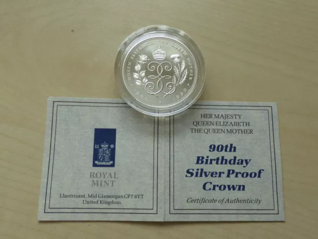 £5 Elizabeth II 1990 Silver Proof Queen Mother 90th Birthday Crown Case COA 2