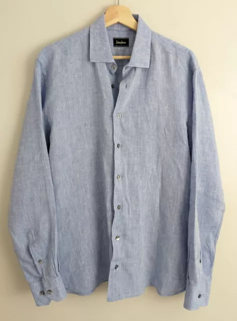 NEIMAN MARCUS Mens Blue 100% Linen Shirt L Long Sleeve Button Up Casual Dress