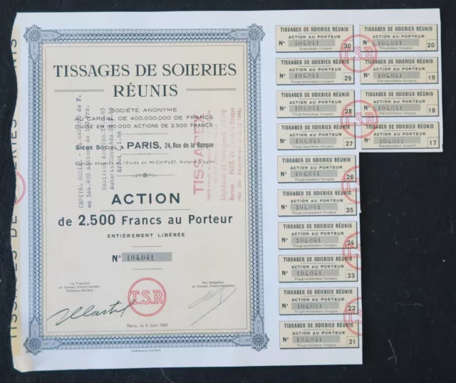 Action TISSAGES DE SOIERIES REUNIS PARIS 1951 titre bond share 2