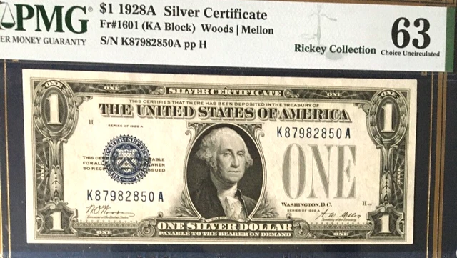 1928A $1 PMG63 CHOICE UNCIRCULATED SILVER CERTIFICATE  Fr#1601 (KA BLOCK)  9078