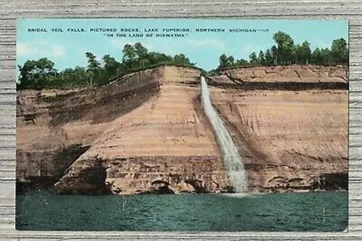 Bridal Veil Falls-Pictured Rocks-Lake Superior-Northern Michigan Linen Postcard