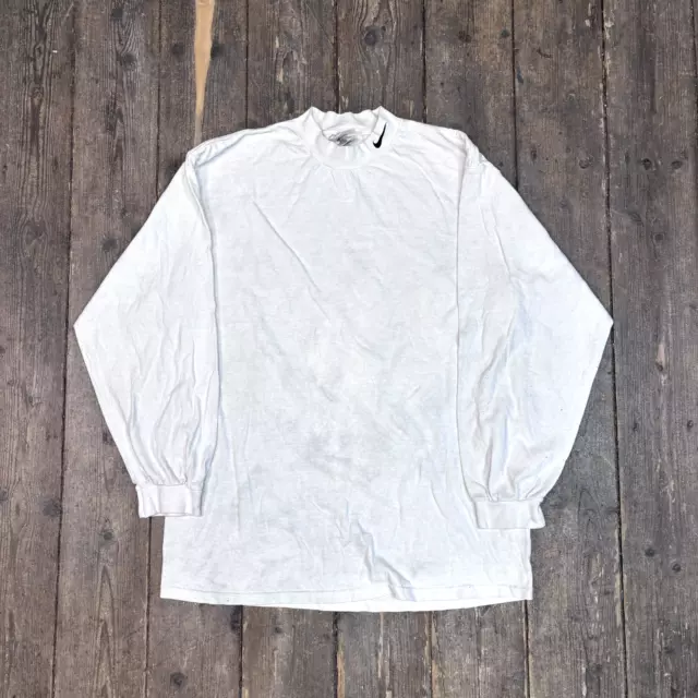 Nike T-Shirt 90s Vintage Swoosh Long Sleeve Mock Neck Tee, White, Mens Large