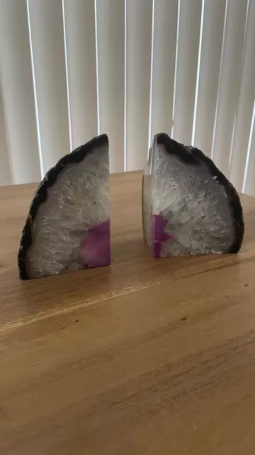 AGATE BRAZILIAN GEODE Polished Pink Quartz Crystal Bookends Pair Book ...