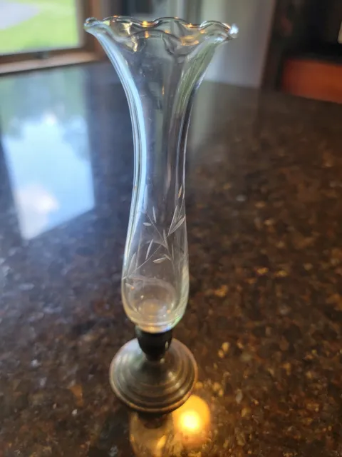 Empire Sterling Silver Etched Glass Vintage Flower Bud Vase 7"