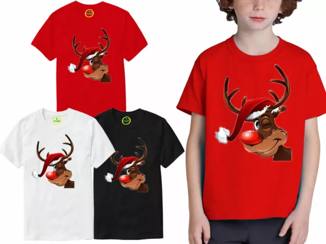 Kids Boys Girls Smiling Rudolph Reindeer Xmas Christmas Tee T-Shirt Top Tshirt