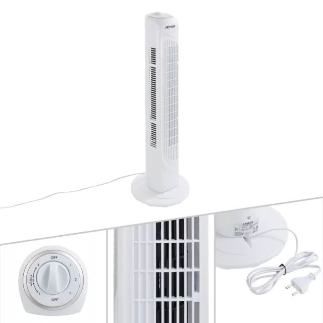 AREBOS Ventilateur tour avec minuterie 40W  3 niveaux de vitesse Blanc