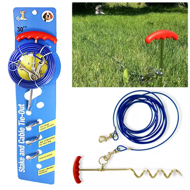 30ft Dog Tie Out Cable And Stake Set Small Large Dog Ground Field Spike Stake