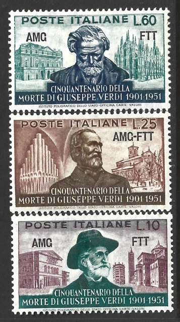 Italy - Trieste, Scott #138-140, Overprinted Anniversary of Giuseppe Verdi, MH