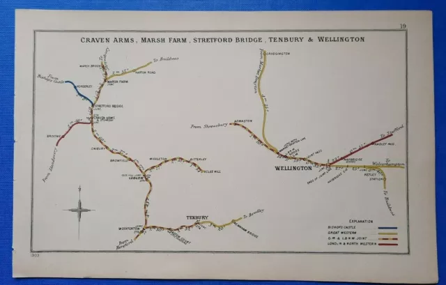 1903 RAILWAY CLEARING HOUSE Junction Diagram No.19 CRAVEN ARMS/WELLINGTON/LUDLOW