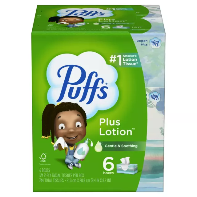 Puffs Plus Lotion Facial Tissue, 6 Family Size Boxes, 124 Tissues per Box, Green