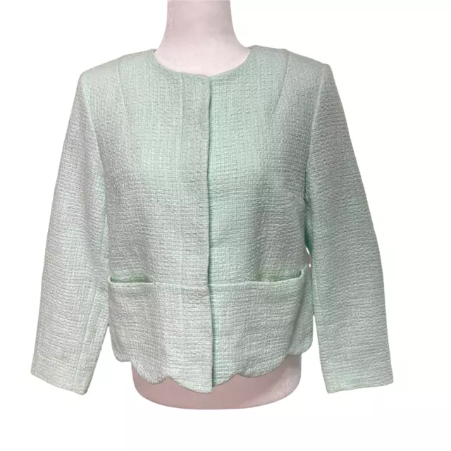 TOPSHOP Cropped Blazer Textured Mint Green Scalloped Collarless Pocket Womens 10