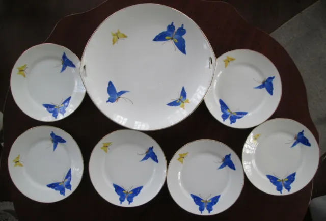 Nippon Rising Sun Butterfly Cake Plate and 6 Dessert Plates Set Hand Painted