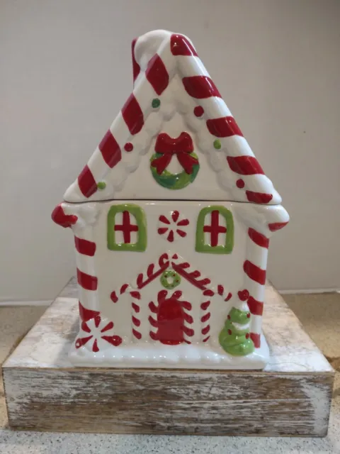 Gingerbread House Christmas Ceramic Cookie Jar with Lid Cherry Candy Cane